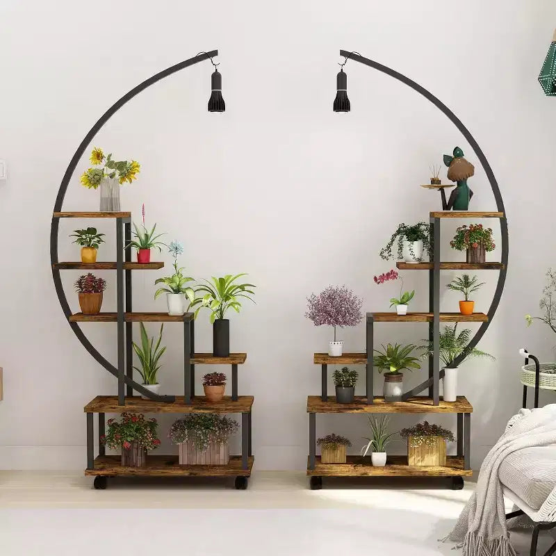 Étagère à plantes demi-lune à 6 niveaux avec lampes de croissance – Étagère à plantes haute en métal avec roulettes, support de présentation en bois