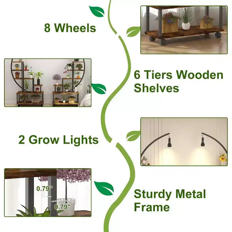Étagère à plantes demi-lune à 6 niveaux avec lampes de croissance – Étagère à plantes haute en métal avec roulettes, support de présentation en bois