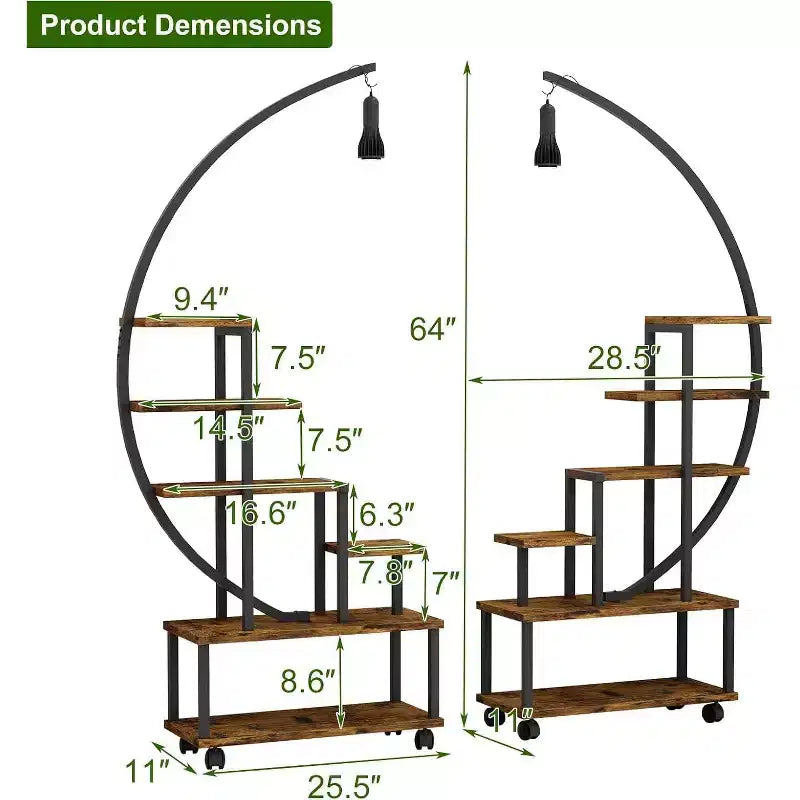 Étagère à plantes demi-lune à 6 niveaux avec lampes de croissance – Étagère à plantes haute en métal avec roulettes, support de présentation en bois