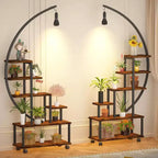 Étagère à plantes demi-lune à 6 niveaux avec lampes de croissance – Étagère à plantes haute en métal avec roulettes, support de présentation en bois
