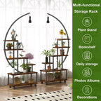 Étagère à plantes demi-lune à 6 niveaux avec lampes de croissance – Étagère à plantes haute en métal avec roulettes, support de présentation en bois