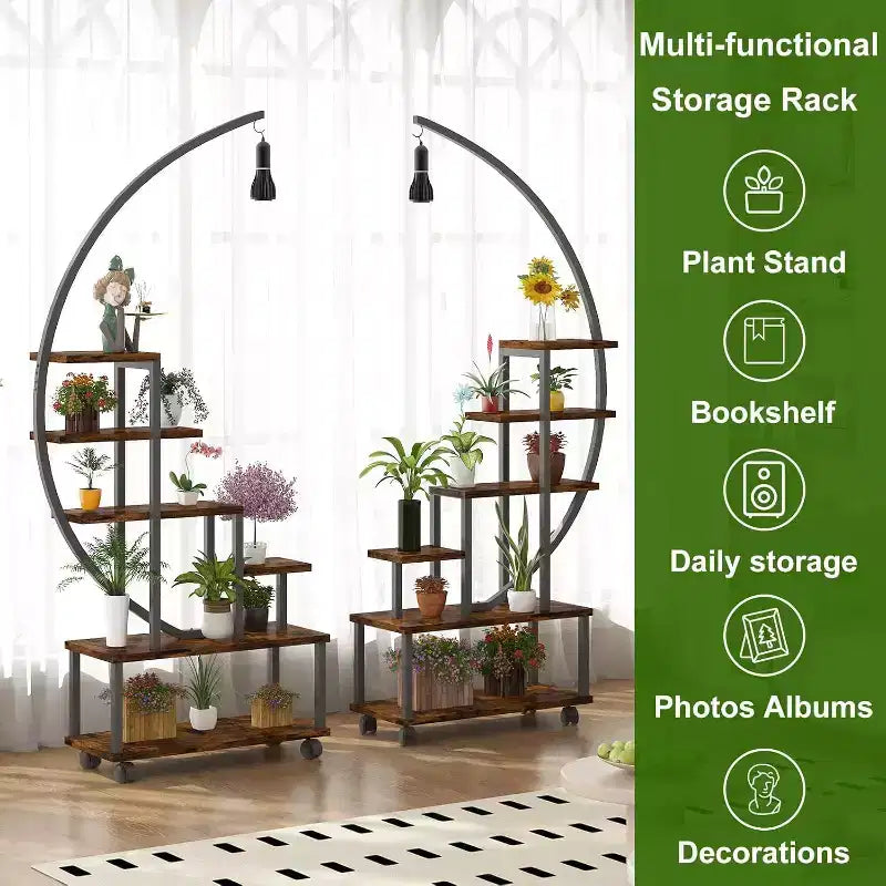 Étagère à plantes demi-lune à 6 niveaux avec lampes de croissance – Étagère à plantes haute en métal avec roulettes, support de présentation en bois