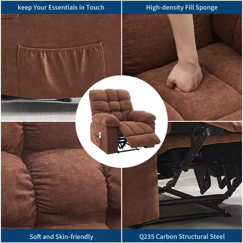 Fauteuil inclinable à bascule de 21,4 pouces de large, fonction massage et chaleur, tissu respirant ergonomique avec 2 poches latérales et télécommande pour salon/chambre à coucher