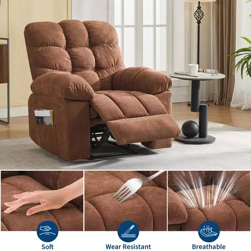Fauteuil inclinable à bascule de 21,4 pouces de large, fonction massage et chaleur, tissu respirant ergonomique avec 2 poches latérales et télécommande pour salon/chambre à coucher