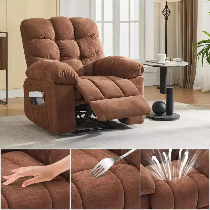 Fauteuil inclinable à bascule de 21,4 pouces de large, fonction massage et chaleur, tissu respirant ergonomique avec 2 poches latérales et télécommande pour salon/chambre à coucher