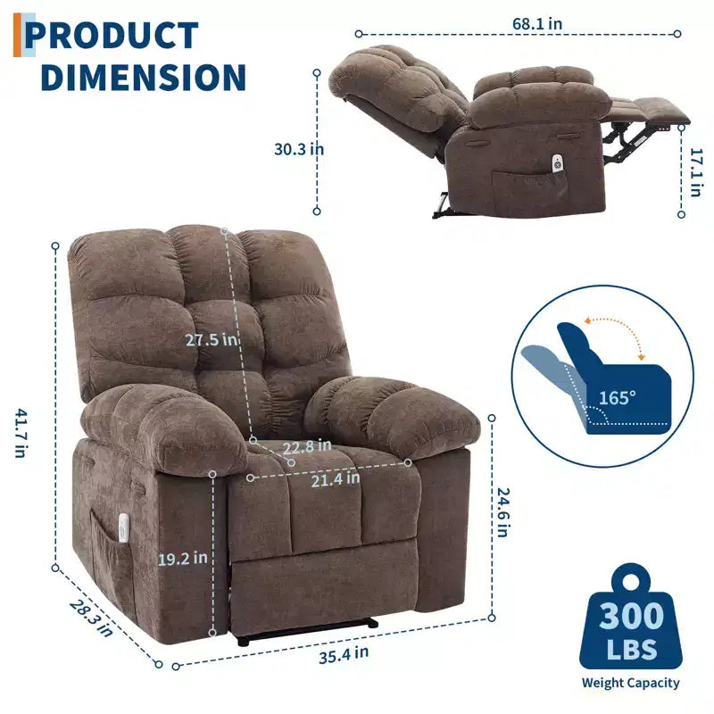 Fauteuil inclinable à bascule de 21,4 pouces de large, fonction massage et chaleur, tissu respirant ergonomique avec 2 poches latérales et télécommande pour salon/chambre à coucher
