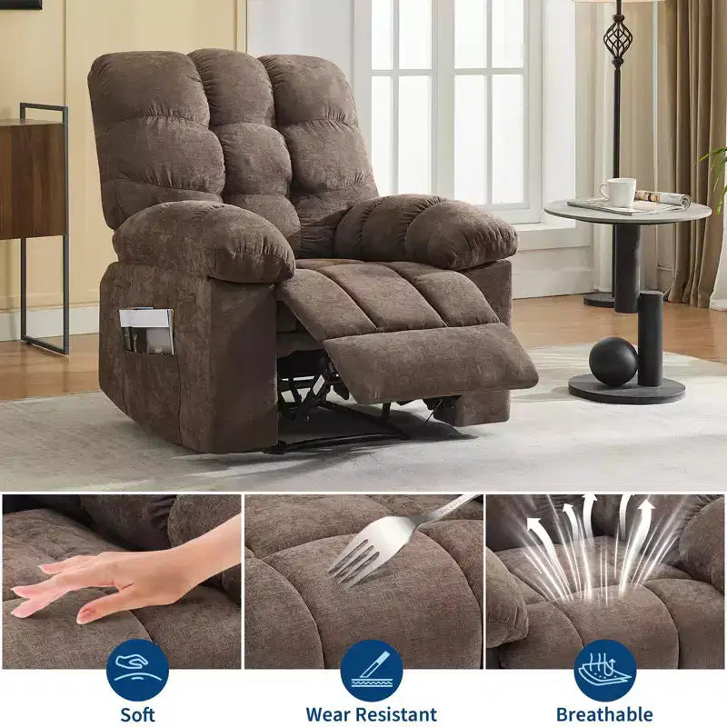 Fauteuil inclinable à bascule de 21,4 pouces de large, fonction massage et chaleur, tissu respirant ergonomique avec 2 poches latérales et télécommande pour salon/chambre à coucher