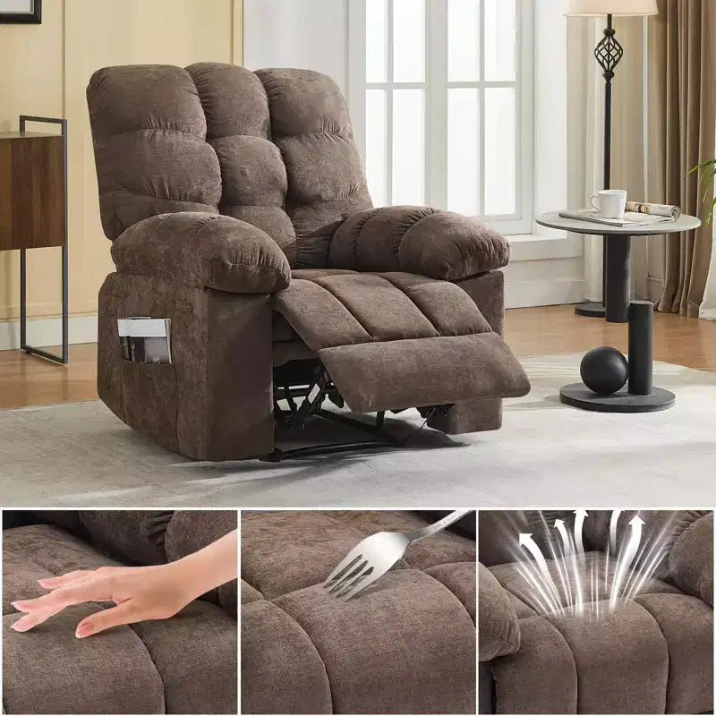 Fauteuil inclinable à bascule de 21,4 pouces de large, fonction massage et chaleur, tissu respirant ergonomique avec 2 poches latérales et télécommande pour salon/chambre à coucher
