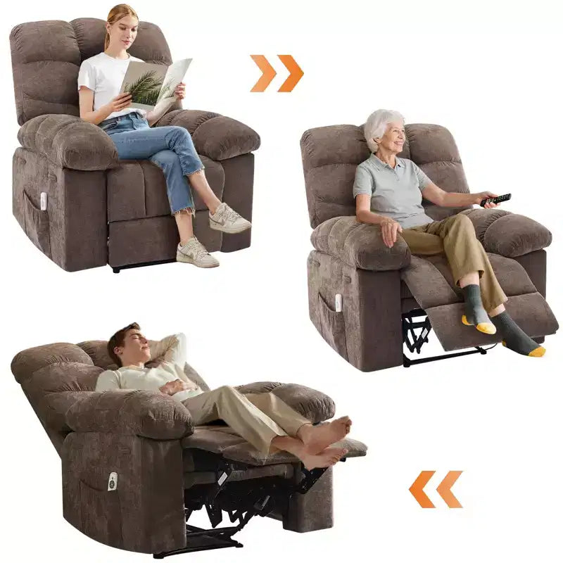 Fauteuil inclinable à bascule de 21,4 pouces de large, fonction massage et chaleur, tissu respirant ergonomique avec 2 poches latérales et télécommande pour salon/chambre à coucher