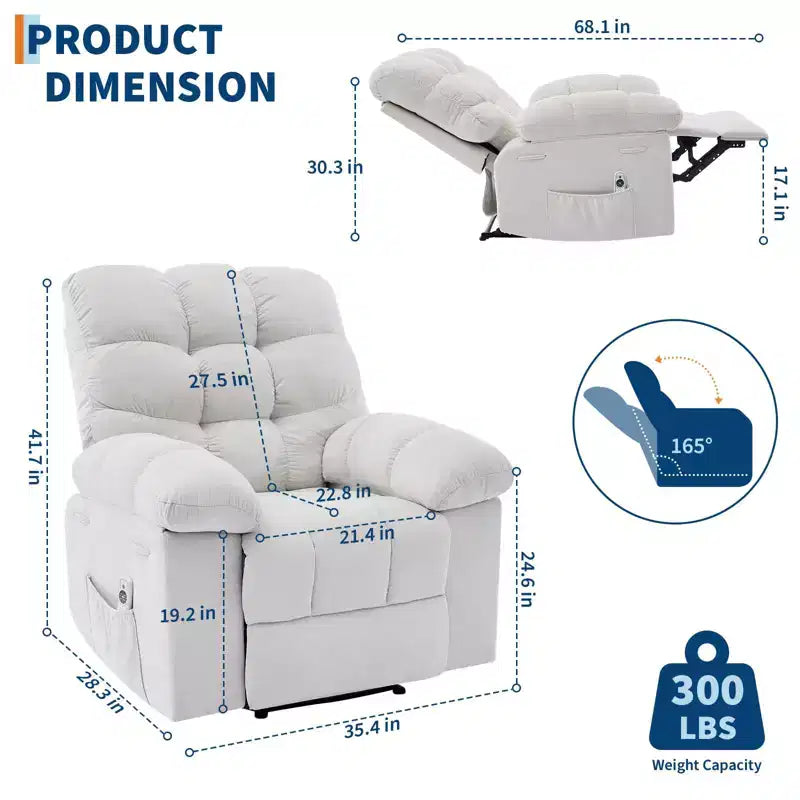 Fauteuil inclinable à bascule de 21,4 pouces de large, fonction massage et chaleur, tissu respirant ergonomique avec 2 poches latérales et télécommande pour salon/chambre à coucher