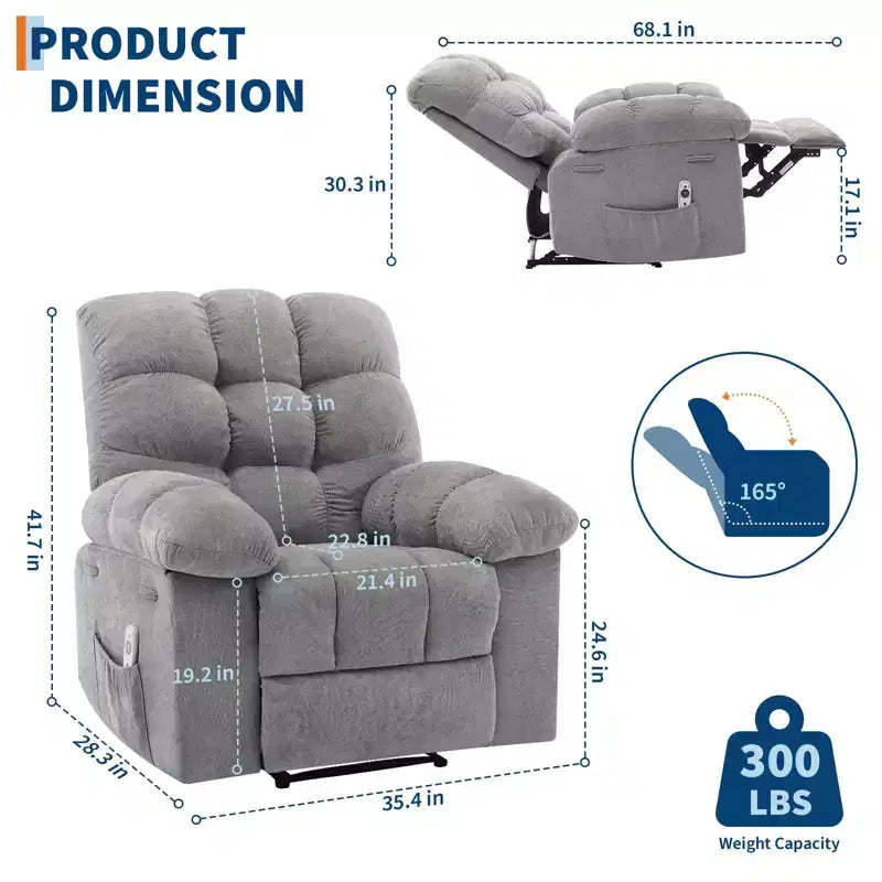 Fauteuil inclinable à bascule de 21,4 pouces de large, fonction massage et chaleur, tissu respirant ergonomique avec 2 poches latérales et télécommande pour salon/chambre à coucher