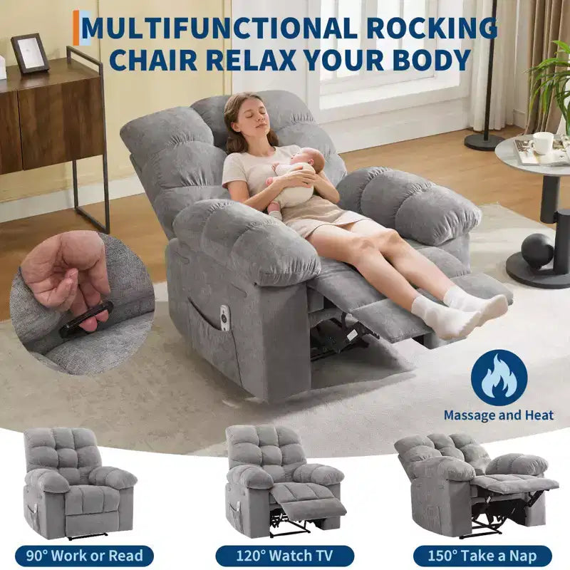 Fauteuil inclinable à bascule de 21,4 pouces de large, fonction massage et chaleur, tissu respirant ergonomique avec 2 poches latérales et télécommande pour salon/chambre à coucher