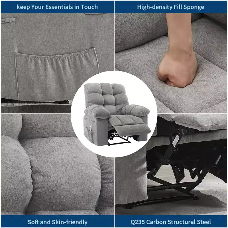 Fauteuil inclinable à bascule de 21,4 pouces de large, fonction massage et chaleur, tissu respirant ergonomique avec 2 poches latérales et télécommande pour salon/chambre à coucher