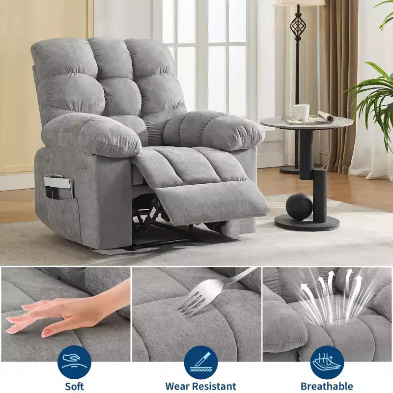 Fauteuil inclinable à bascule de 21,4 pouces de large, fonction massage et chaleur, tissu respirant ergonomique avec 2 poches latérales et télécommande pour salon/chambre à coucher