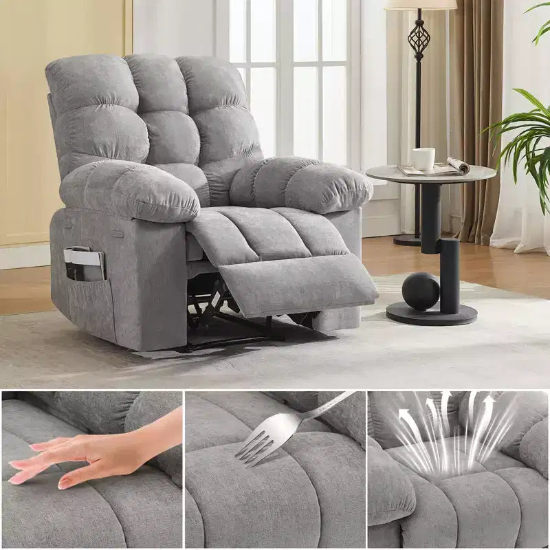 Fauteuil inclinable à bascule de 21,4 pouces de large, fonction massage et chaleur, tissu respirant ergonomique avec 2 poches latérales et télécommande pour salon/chambre à coucher