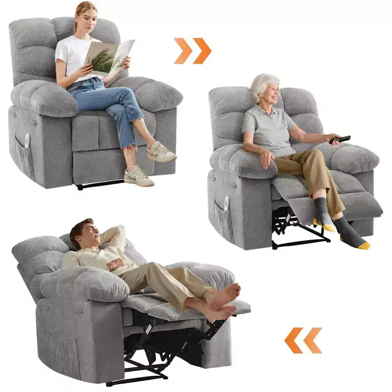 Fauteuil inclinable à bascule de 21,4 pouces de large, fonction massage et chaleur, tissu respirant ergonomique avec 2 poches latérales et télécommande pour salon/chambre à coucher