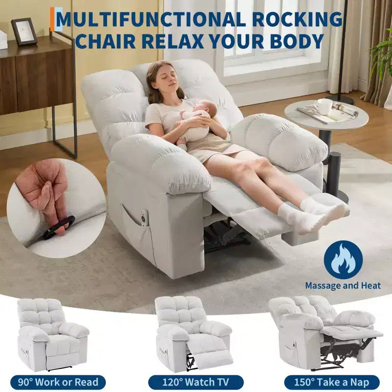 Fauteuil inclinable à bascule de 21,4 pouces de large, fonction massage et chaleur, tissu respirant ergonomique avec 2 poches latérales et télécommande pour salon/chambre à coucher