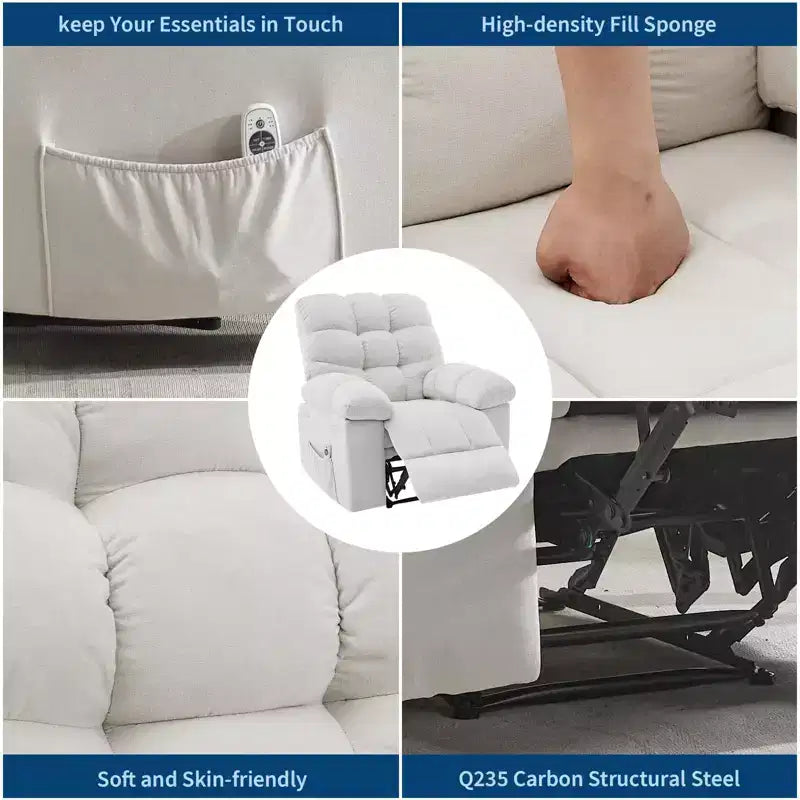 Fauteuil inclinable à bascule de 21,4 pouces de large, fonction massage et chaleur, tissu respirant ergonomique avec 2 poches latérales et télécommande pour salon/chambre à coucher