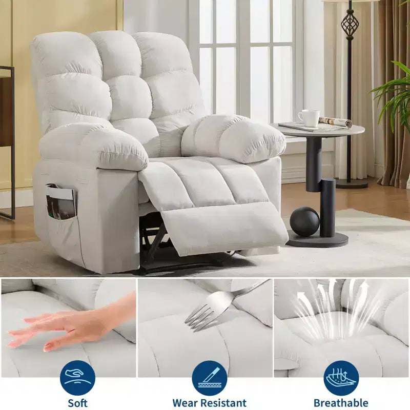 Fauteuil inclinable à bascule de 21,4 pouces de large, fonction massage et chaleur, tissu respirant ergonomique avec 2 poches latérales et télécommande pour salon/chambre à coucher