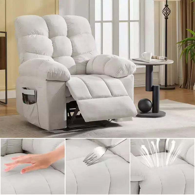 Fauteuil inclinable à bascule de 21,4 pouces de large, fonction massage et chaleur, tissu respirant ergonomique avec 2 poches latérales et télécommande pour salon/chambre à coucher