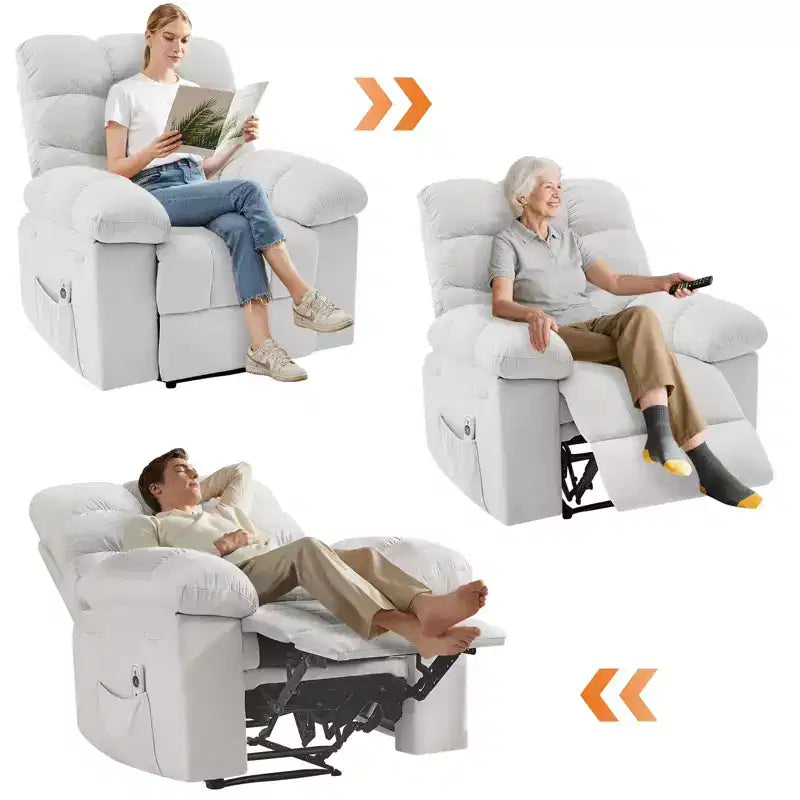 Fauteuil inclinable à bascule de 21,4 pouces de large, fonction massage et chaleur, tissu respirant ergonomique avec 2 poches latérales et télécommande pour salon/chambre à coucher