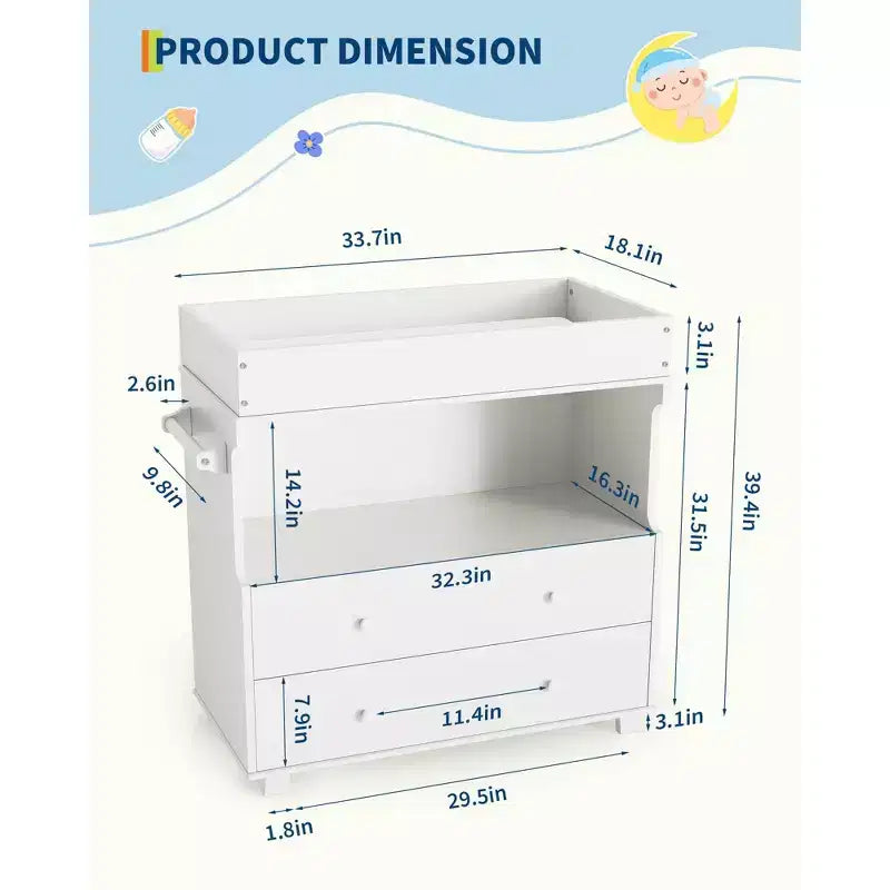 Commode à langer avec 5 tiroirs, commode de chambre de bébé moderne avec un espace de rangement ouvert, table à langer pour chambre à coucher, chambre de bébé