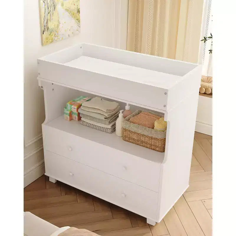 Commode à langer avec 5 tiroirs, commode de chambre de bébé moderne avec un espace de rangement ouvert, table à langer pour chambre à coucher, chambre de bébé
