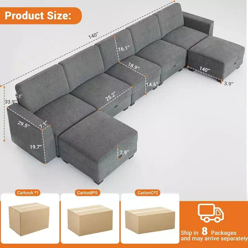 Grand canapé sectionnel en U avec ottomane, canapé modulable convertible avec repose-pieds et 7 places pour salon, bureau - Gris