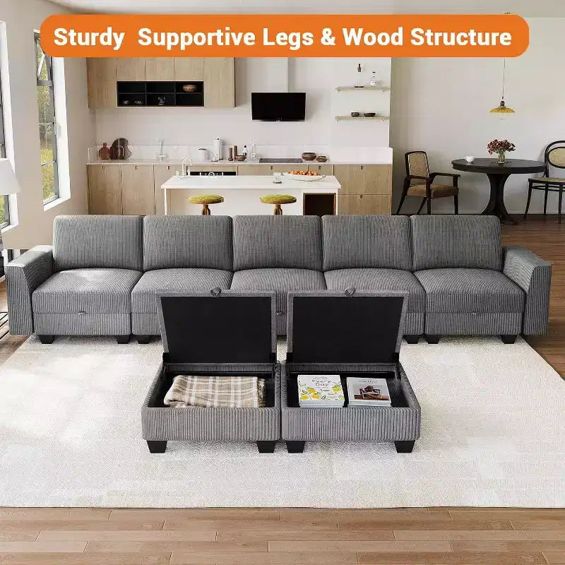 Grand canapé sectionnel en U avec ottomane, canapé modulable convertible avec repose-pieds et 7 places pour salon, bureau - Gris