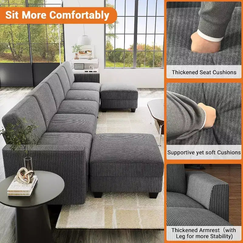 Grand canapé sectionnel en U avec ottomane, canapé modulable convertible avec repose-pieds et 7 places pour salon, bureau - Gris