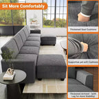 Grand canapé sectionnel en U avec ottomane, canapé modulable convertible avec repose-pieds et 7 places pour salon, bureau - Gris