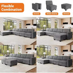 Grand canapé sectionnel en U avec ottomane, canapé modulable convertible avec repose-pieds et 7 places pour salon, bureau - Gris