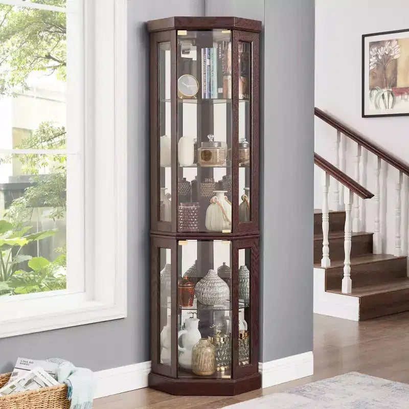 69 Lighted Corner Curio Cabinet with Tempered Glass Door & Shelves, LED Display Case Curved Wall Corner Storage Rack for Bar and Liquor Storage Area