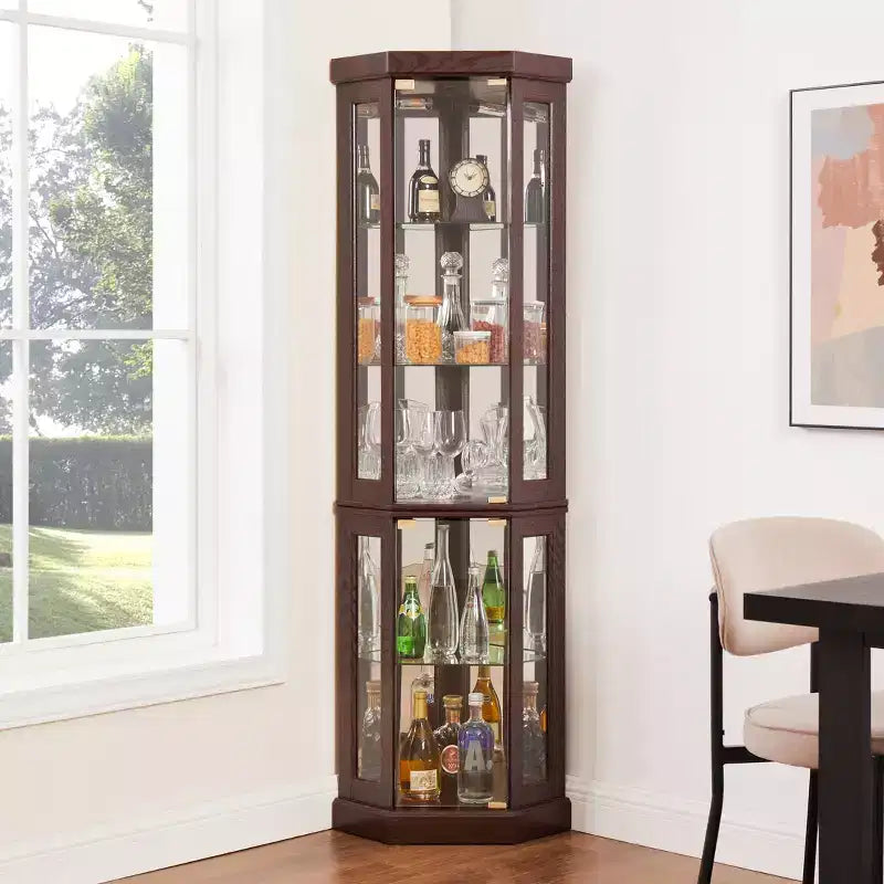 Vitrine d'angle éclairée de 69 pouces avec porte et étagères en verre trempé, vitrine d'exposition à LED, étagère de rangement murale incurvée pour bar et espace de rangement de spiritueux