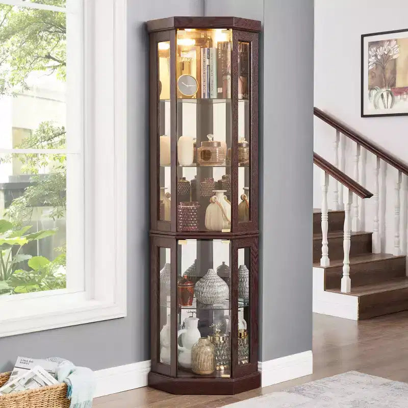 Vitrine d'angle éclairée de 69 pouces avec porte et étagères en verre trempé, vitrine d'exposition à LED, étagère de rangement murale incurvée pour bar et espace de rangement de spiritueux