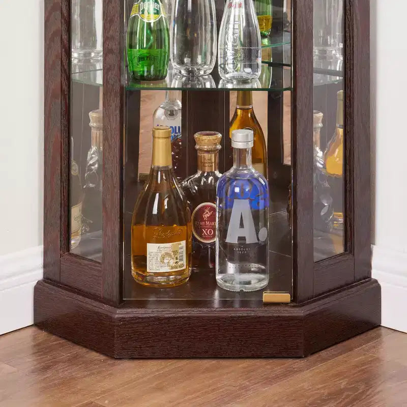 Vitrine d'angle éclairée de 69 pouces avec porte et étagères en verre trempé, vitrine d'exposition à LED, étagère de rangement murale incurvée pour bar et espace de rangement de spiritueux