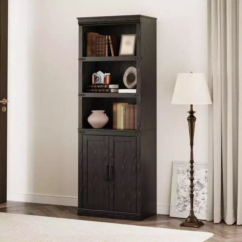 Bibliothèque à 5 étagères de 174,5 cm de hauteur avec armoire de rangement, étagère en bois avec portes, vitrine pour salon, chambre, bureau, gris