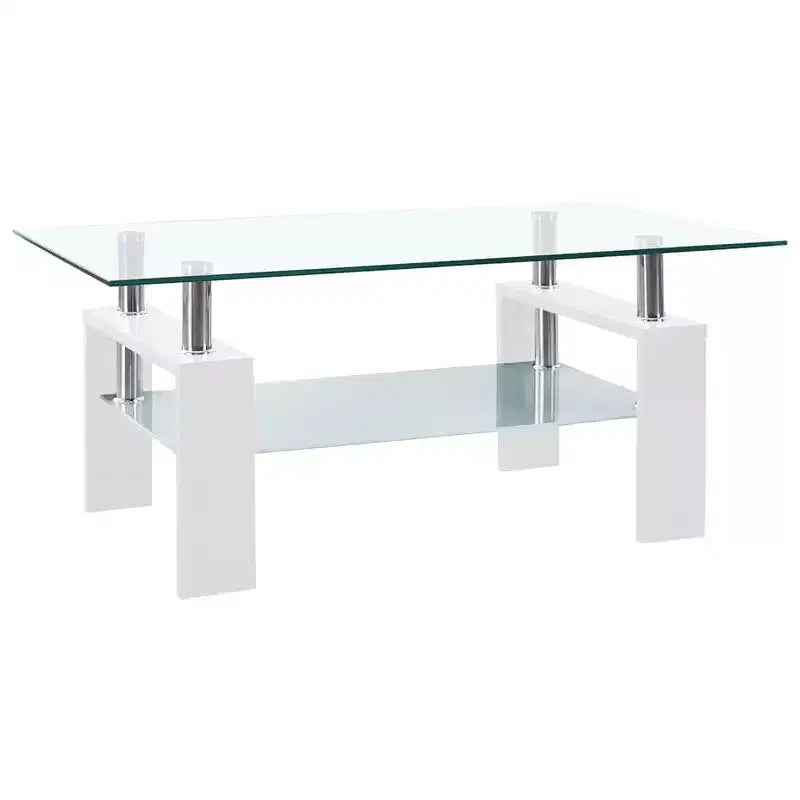 Table basse verre trempé blanc et transparent, mélaminé