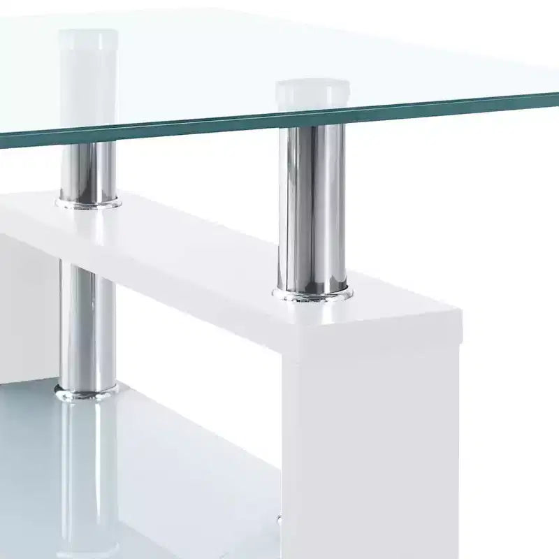 Table basse verre trempé blanc et transparent, mélaminé