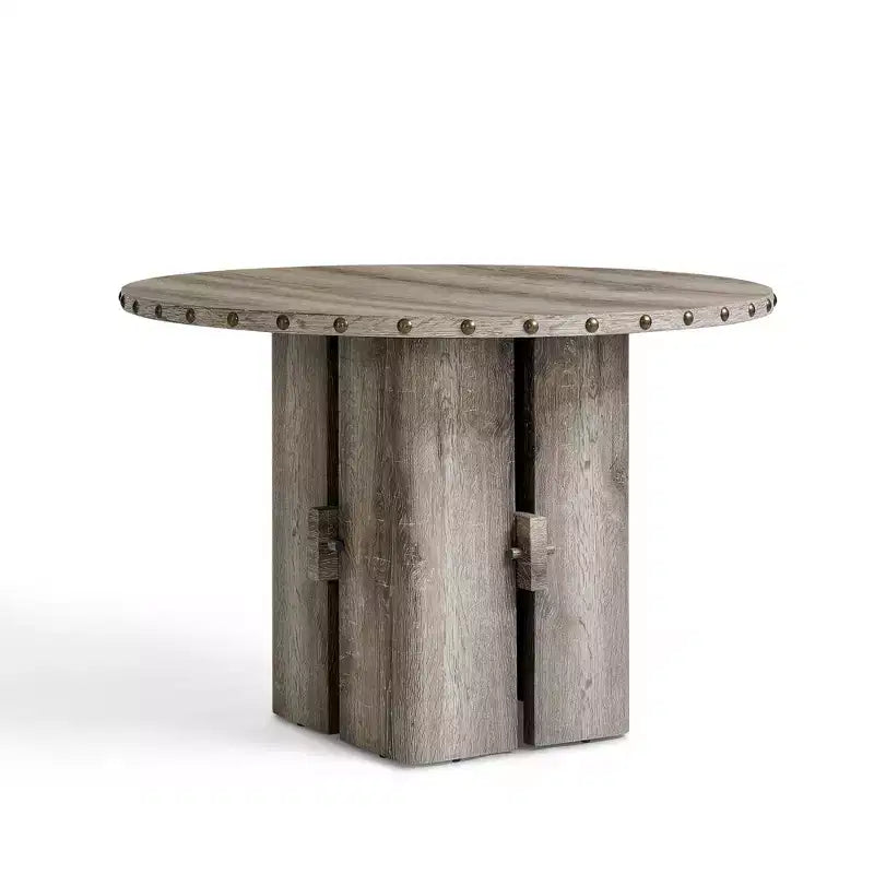 Beige Round Dining Table, 47 Wood Pedestal Table with Rivet Trim, MDF Top & Adjustable Legs for Dining Room, Kitchen