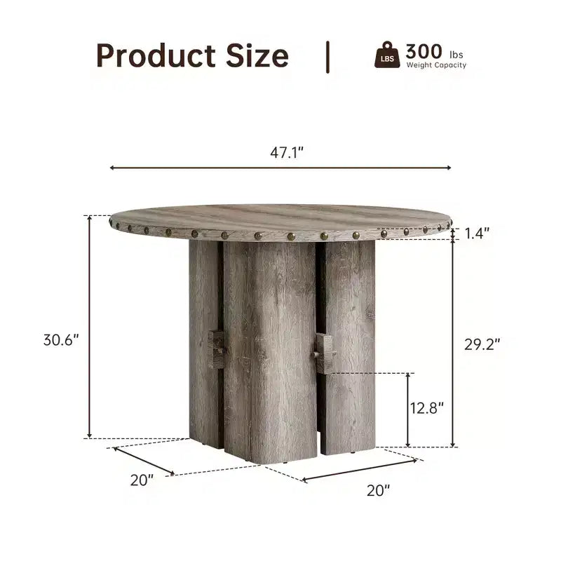 Table à manger ronde beige, table sur pied de 120 cm en bois avec garniture cloutée, plateau en MDF et pieds réglables pour salle à manger, cuisine