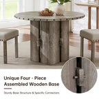 Table à manger ronde beige, table sur pied de 120 cm en bois avec garniture cloutée, plateau en MDF et pieds réglables pour salle à manger, cuisine