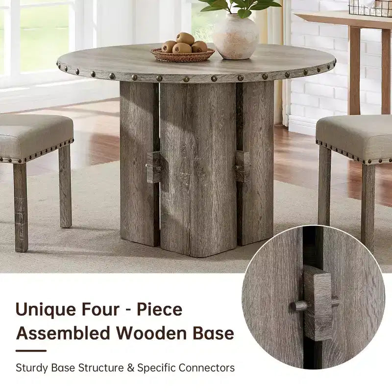Table à manger ronde beige, table sur pied de 120 cm en bois avec garniture cloutée, plateau en MDF et pieds réglables pour salle à manger, cuisine