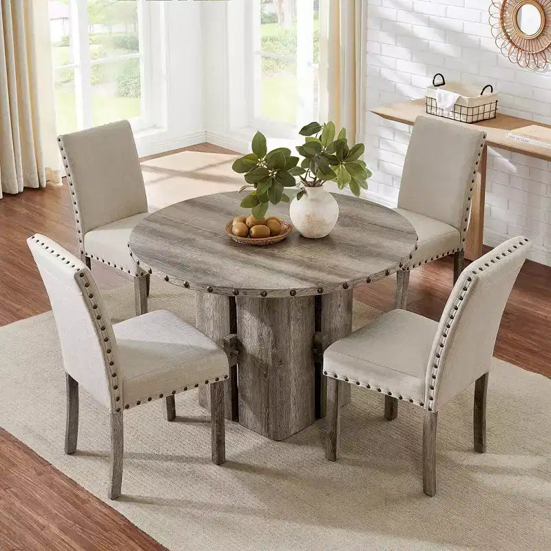 Table à manger ronde beige, table sur pied de 120 cm en bois avec garniture cloutée, plateau en MDF et pieds réglables pour salle à manger, cuisine