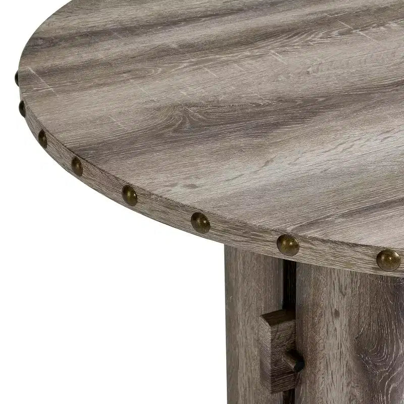 Table à manger ronde beige, table sur pied de 120 cm en bois avec garniture cloutée, plateau en MDF et pieds réglables pour salle à manger, cuisine