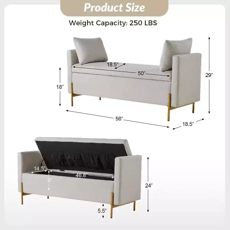 Banc de rangement capitonné rabattable Arrigo avec accoudoirs ART OF LIVING DESIGNS