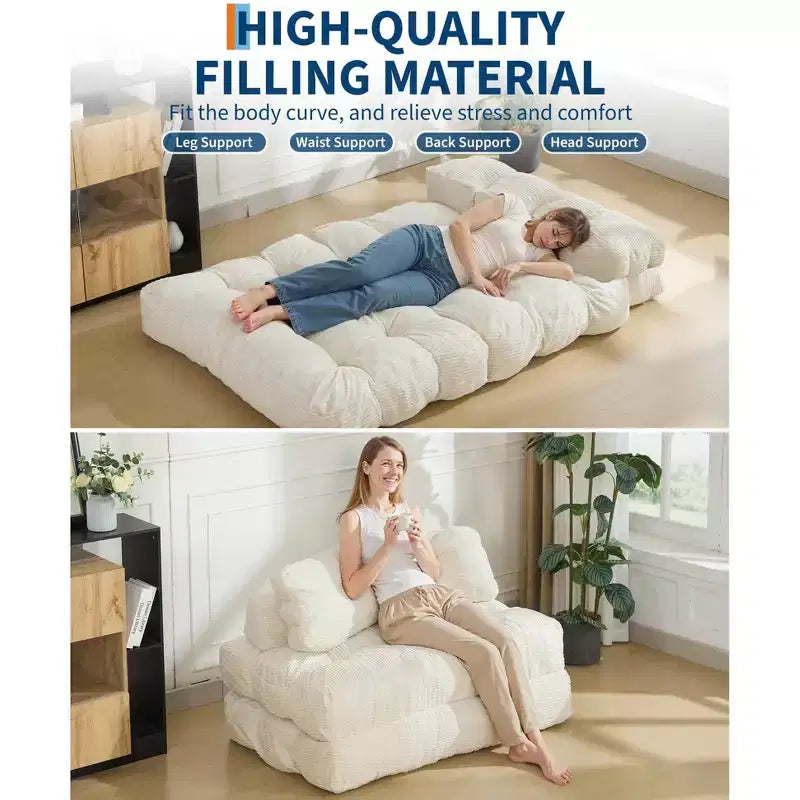 Canapé-lit pliable 3-en-1 avec oreiller, fauteuil de couchage convertible en velours côtelé pour salon, chambre, dortoir ou appartement