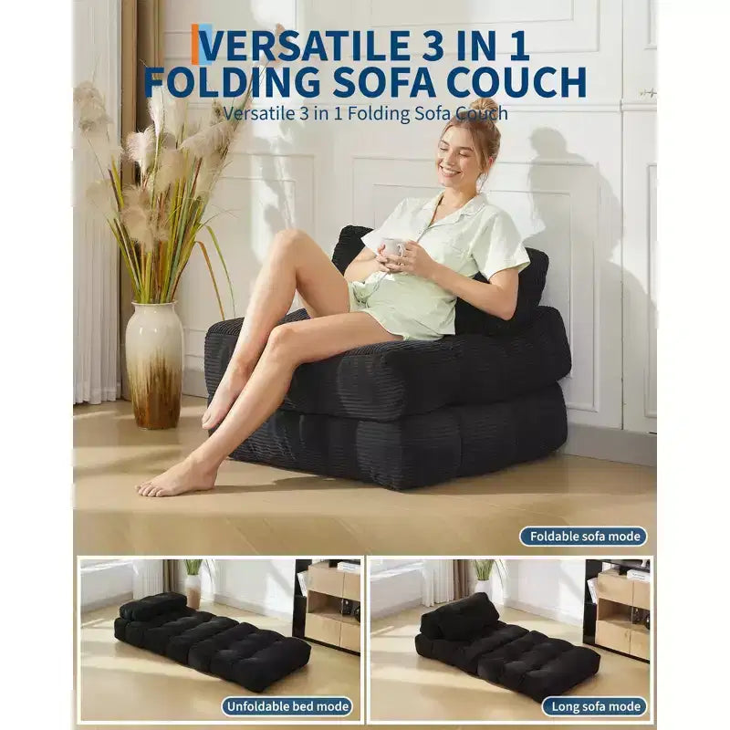 Canapé-lit pliable 3-en-1 avec oreiller, fauteuil de couchage convertible en velours côtelé pour salon, chambre, dortoir ou appartement