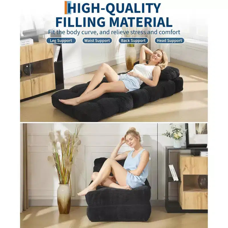 Canapé-lit pliable 3-en-1 avec oreiller, fauteuil de couchage convertible en velours côtelé pour salon, chambre, dortoir ou appartement