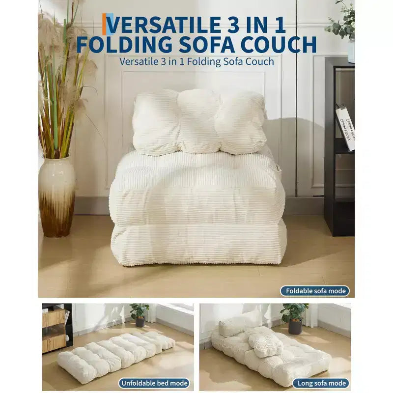 Canapé-lit pliable 3-en-1 avec oreiller, fauteuil de couchage convertible en velours côtelé pour salon, chambre, dortoir ou appartement